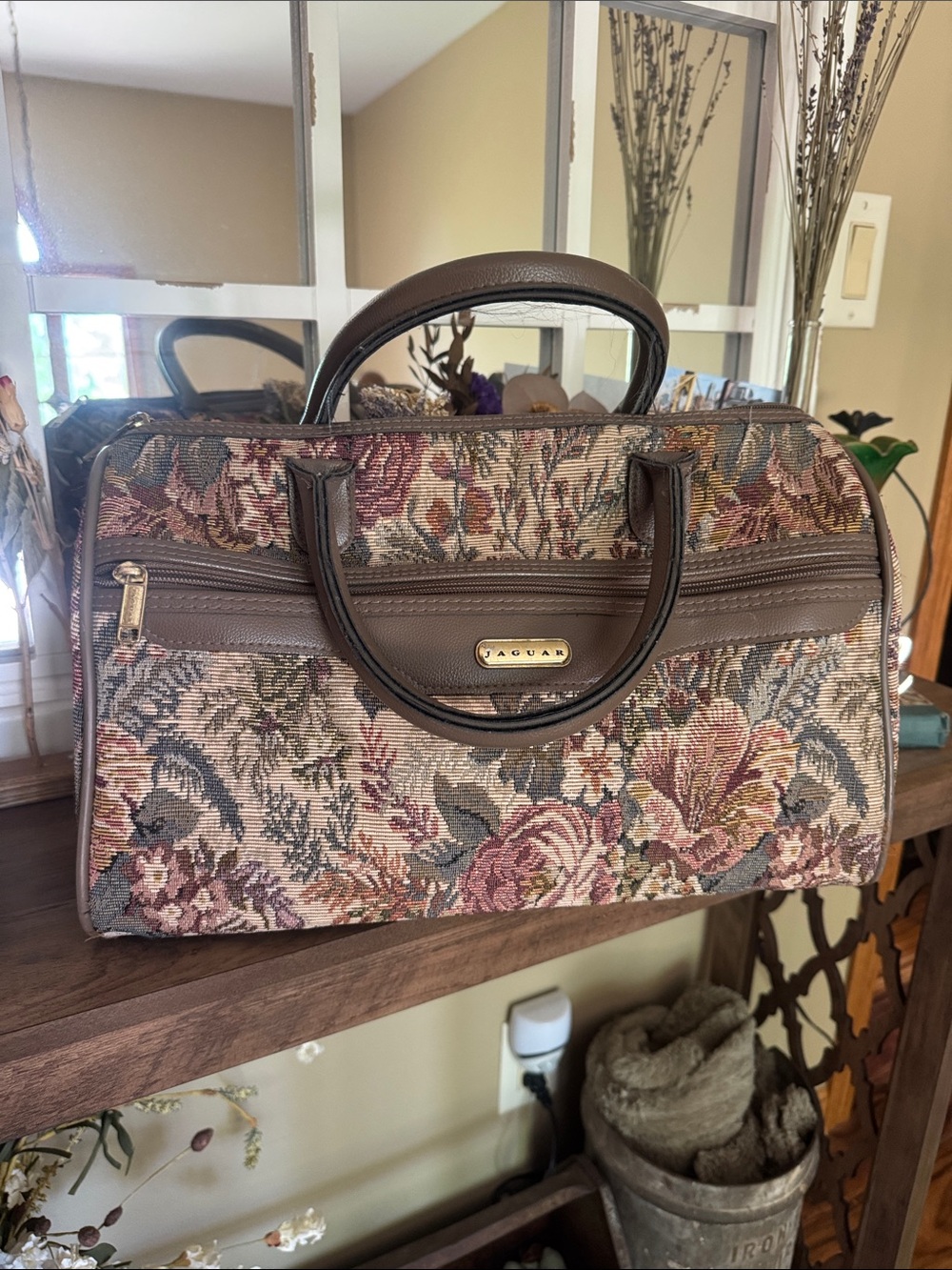 Jaguar Floral Tapestry Satchel in Brown Multi